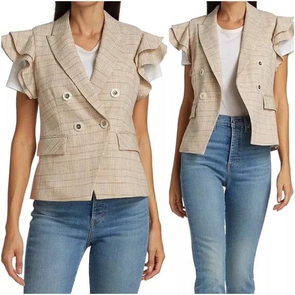 $595 Veronica Beard Janae Plaid Ruffle Blazer Jacket Button Up Khaki Multi Sz 00 - Picture 1 of 14